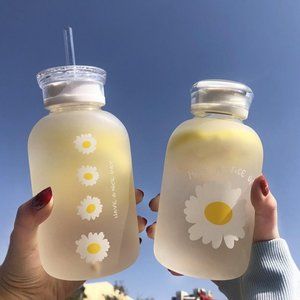 Double cover straw glass, Milk Juice Cute Water Bottle with Scale  Lids Little